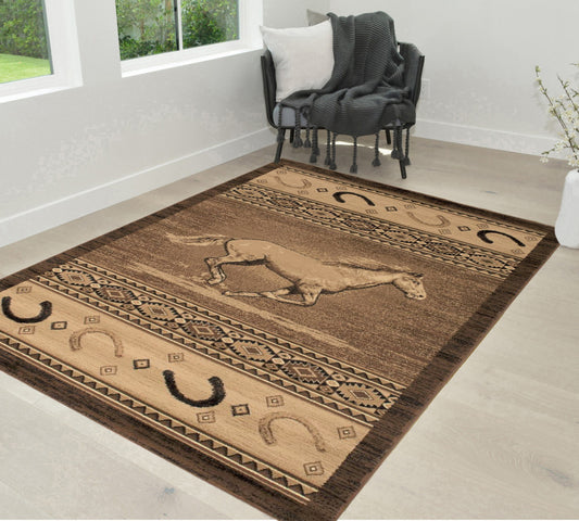 Handcraft Rugs Cabin Rug Lodge, Cabin Nature and Animals Area Rug Modern Southwestern Design Cabin Area Rug Abstract, Chocolate-Horse/Horse Shoe 8x10 feet