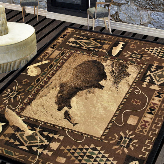 Handcraft Rugs Cabin Rug Lodge, Cabin Nature and Animals Area Rug Modern Southwestern Pattern Cabin Area Rug Abstract, Chocolate/Beige-Bear Hunting Fish 4x5 feet