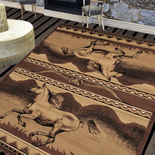 Handcraft Rugs Cabin Rug Lodge, Cabin Nature and Animals Area Rug Modern Stripped Pattern Cabin Area Rug Abstract, Chocolate/Beige-Horse/Mountain 8x10 feet