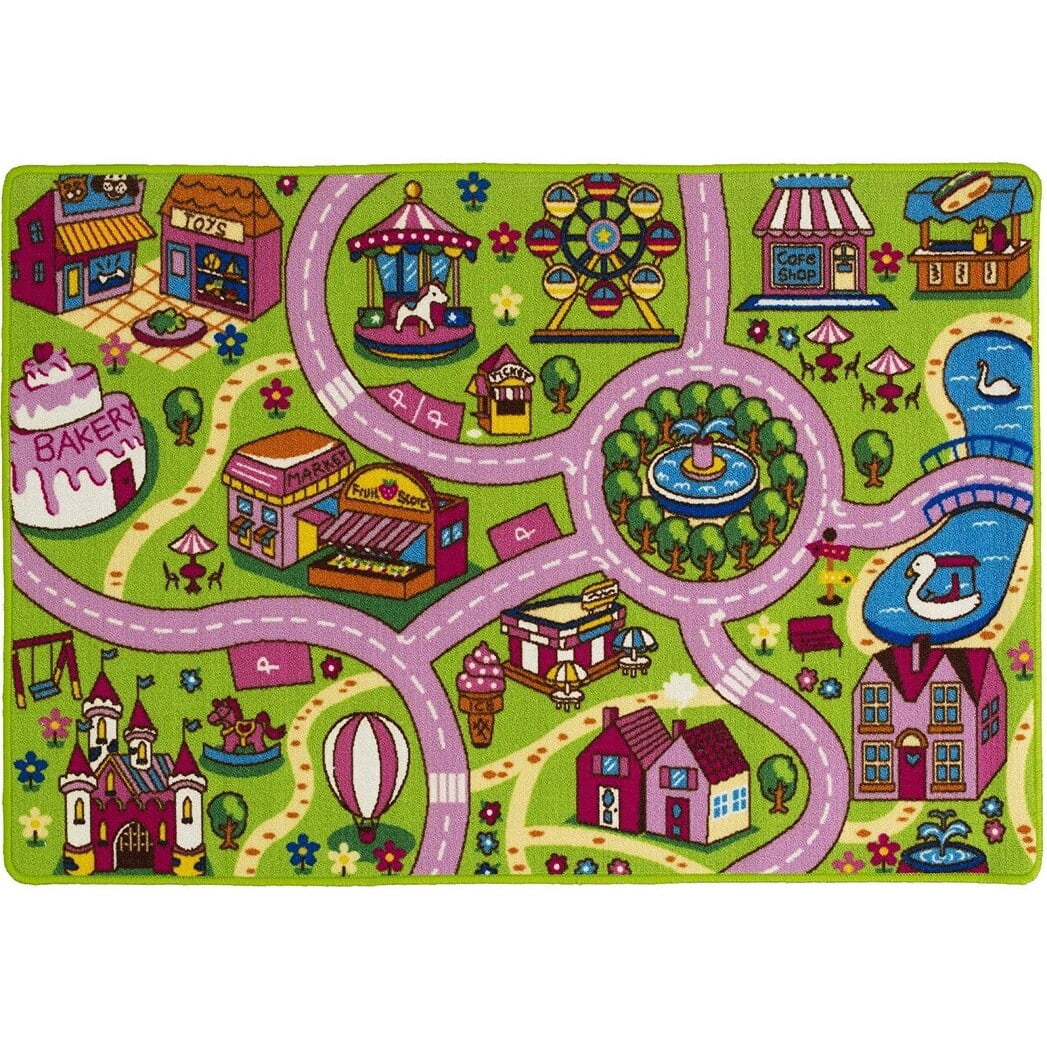 HR City Map Kids Car Road Rug - Non-Slip Play Mat for Classroom and Baby Room Pink, Green 5' x 7'