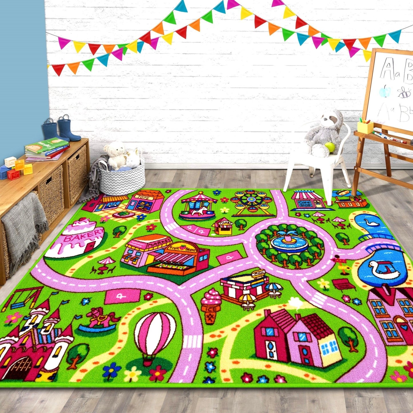 HR City Map Kids Car Road Rug - Non-Slip Play Mat for Classroom and Baby Room Pink, Green 8' x 10'