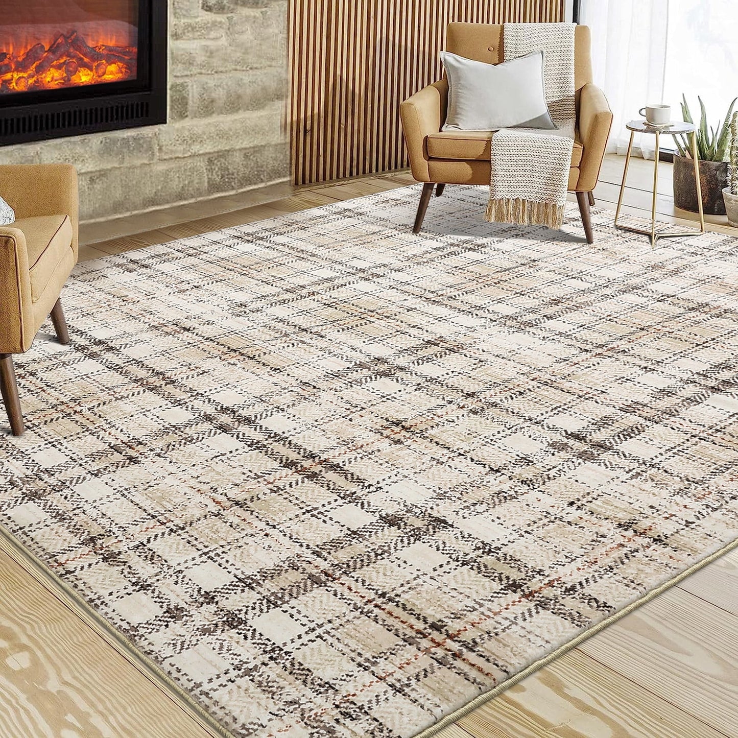 Haperlare Modern Area Rugs for Living Room Tartan Plaid Area Rug Luxurious Soft Bedroom Decor Rug Farmhouse Non Slip Throw Rugs, 5' x 7' Beige