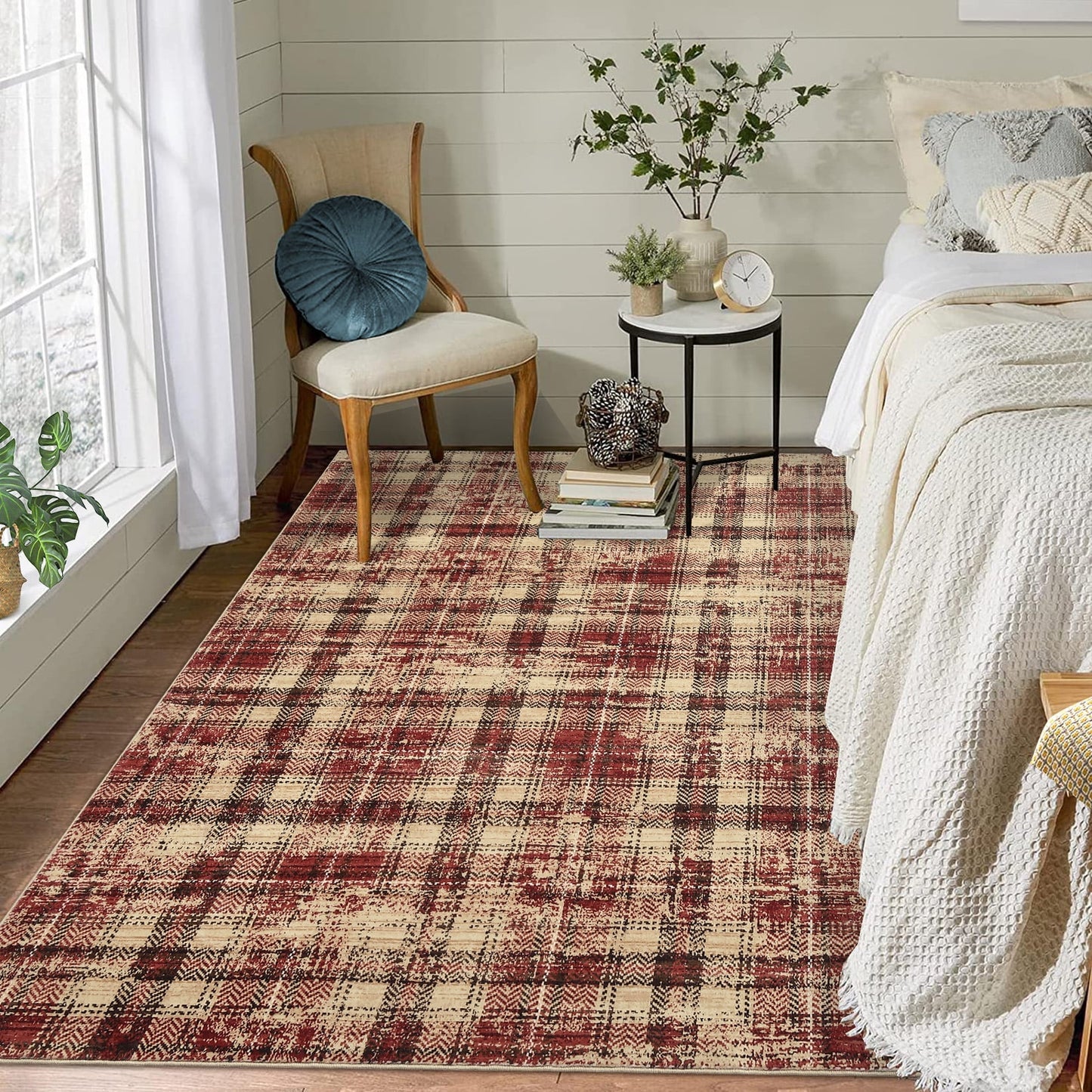 Haperlare Modern Area Rugs for Living Room Tartan Plaid Area Rug Luxurious Soft Bedroom Decor Rug Farmhouse Non Slip Throw Rugs, 5' x 7' Red