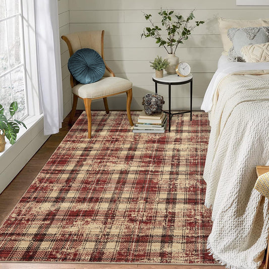 Haperlare Modern Area Rugs for Living Room Tartan Plaid Area Rug Luxurious Soft Bedroom Decor Rug Farmhouse Non Slip Throw Rugs, 5' x 7' Red