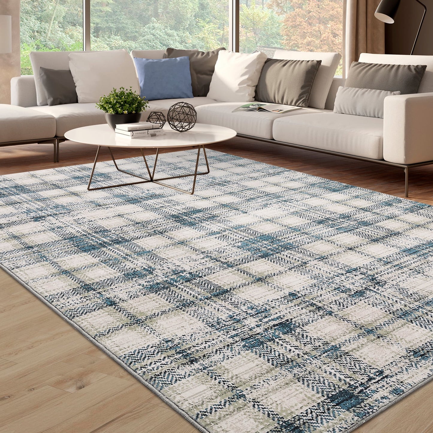 Haperlare Modern Area Rugs for Living Room Tartan Plaid Area Rug Luxurious Soft Bedroom Decor Rug Farmhouse Non Slip Throw Rugs, 8' x 10' Blue Beige