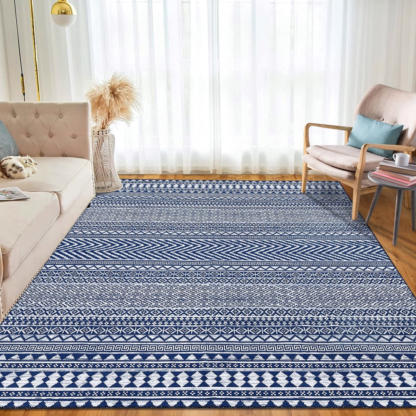 Haperlare Modern Geometric Area Rug 9 x 12 Ft Large Non-Slip Washable Living Room Rug Boho Bedroom Home Office Kitchen Large Dining Room Carpet, Navy Blue