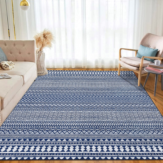 Haperlare Modern Geometric Area Rug 9 x 12 Ft Large Non-Slip Washable Living Room Rug Boho Bedroom Home Office Kitchen Large Dining Room Carpet, Navy Blue