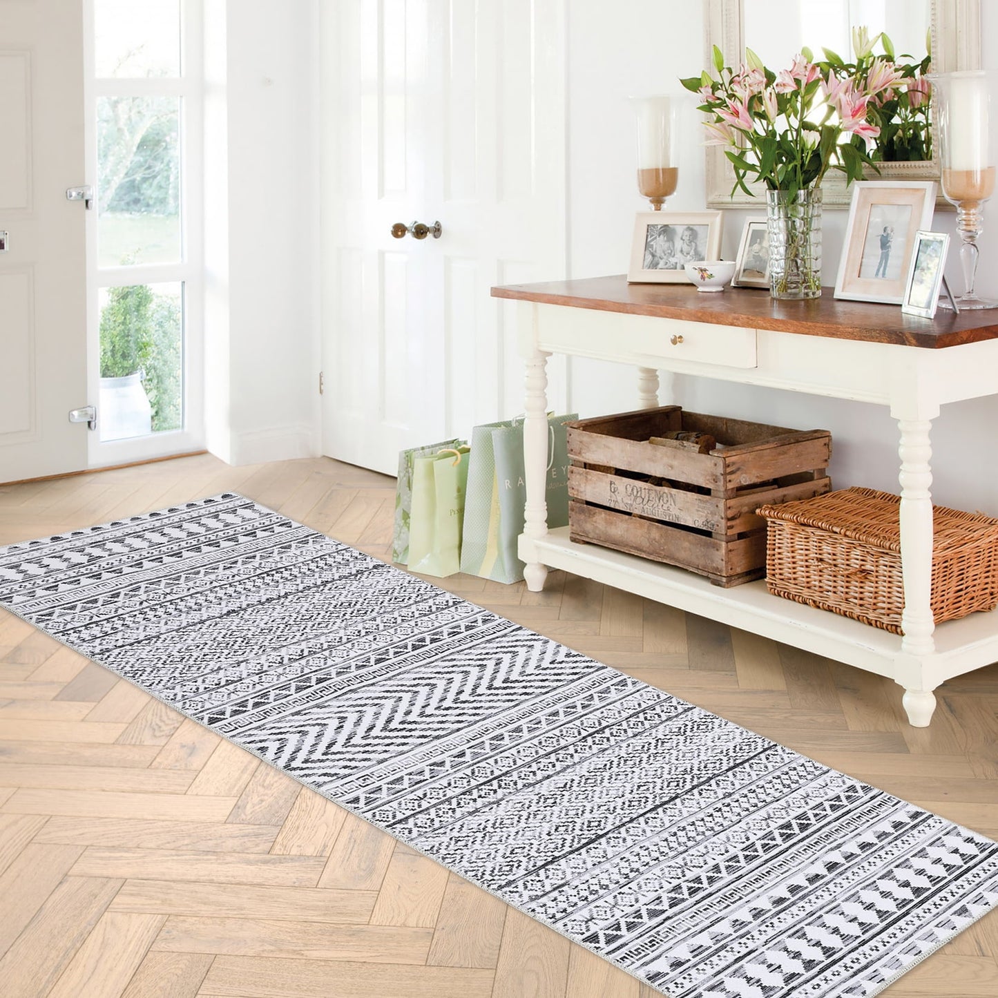 Haperlare Runner Rug 2 x 10 Ft Boho Area Rug Geometric Floor Mat for Living Room Bedroom Home Decor Foldable Chenille Floor Rug Washable Door Mat, Gray/White