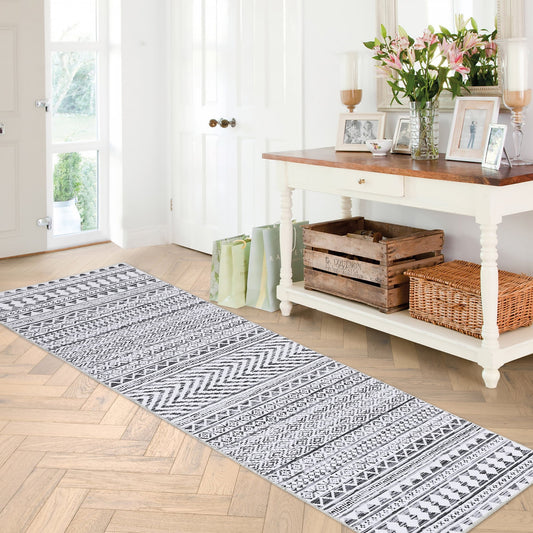 Haperlare Runner Rug 2 x 10 Ft Boho Area Rug Geometric Floor Mat for Living Room Bedroom Home Decor Foldable Chenille Floor Rug Washable Door Mat, Gray/White