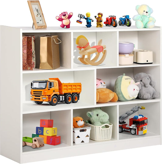 Haverchair Kids Bookshelf and Toy Storage Organizer, 3 Tier 8-Section Storage Daycare Shelf for Playroom, Children 3-Tier Open Wooden Display Book Shelf Organizer for Playroom, Classroom