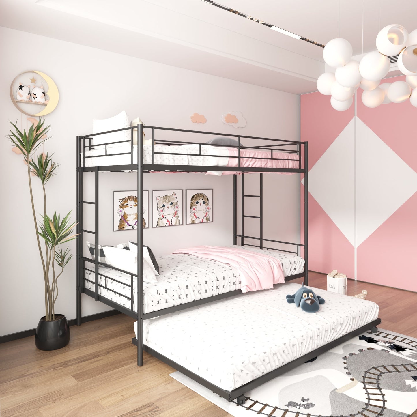 Heavy Duty Bunk Bed Frame, Kids Twin Over Twin Metal Bunk Bed with Flat Ladder & Safety Guardrail, Convertible Trundle Bunk Bed Frame, for Dorm, Bedroom, Guest Room, No Box Spring Needed, Black, D6467