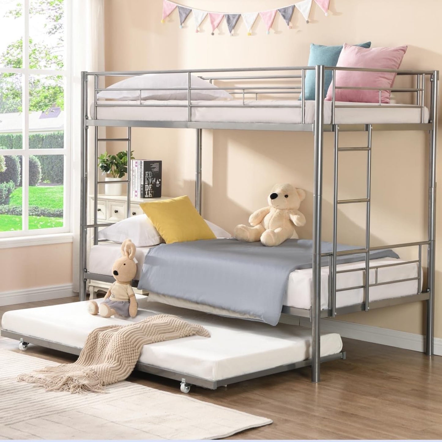 Heavy Duty Kids Twin Over Twin Metal Bunk Bed with Flat Ladder & Safety Guardrail, Convertible Trundle Bed Frame for Dorm, Bedroom, Guest Room, No Box Spring Needed, Silver, D6554