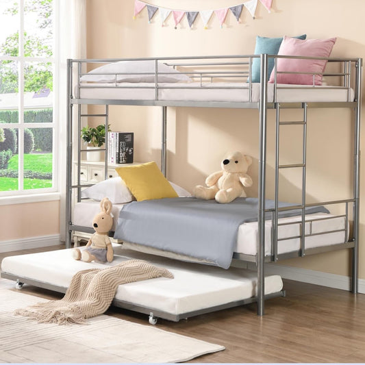 Heavy Duty Kids Twin Over Twin Metal Bunk Bed with Flat Ladder & Safety Guardrail, Convertible Trundle Bed Frame for Dorm, Bedroom, Guest Room, No Box Spring Needed, Silver, D6554