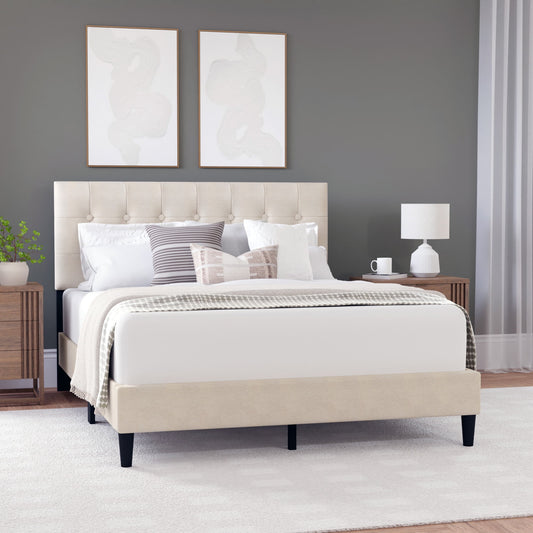 Hendrix Button Tufted Upholstered Full Platform Bed, Beige, by Hillsdale Living Essentials