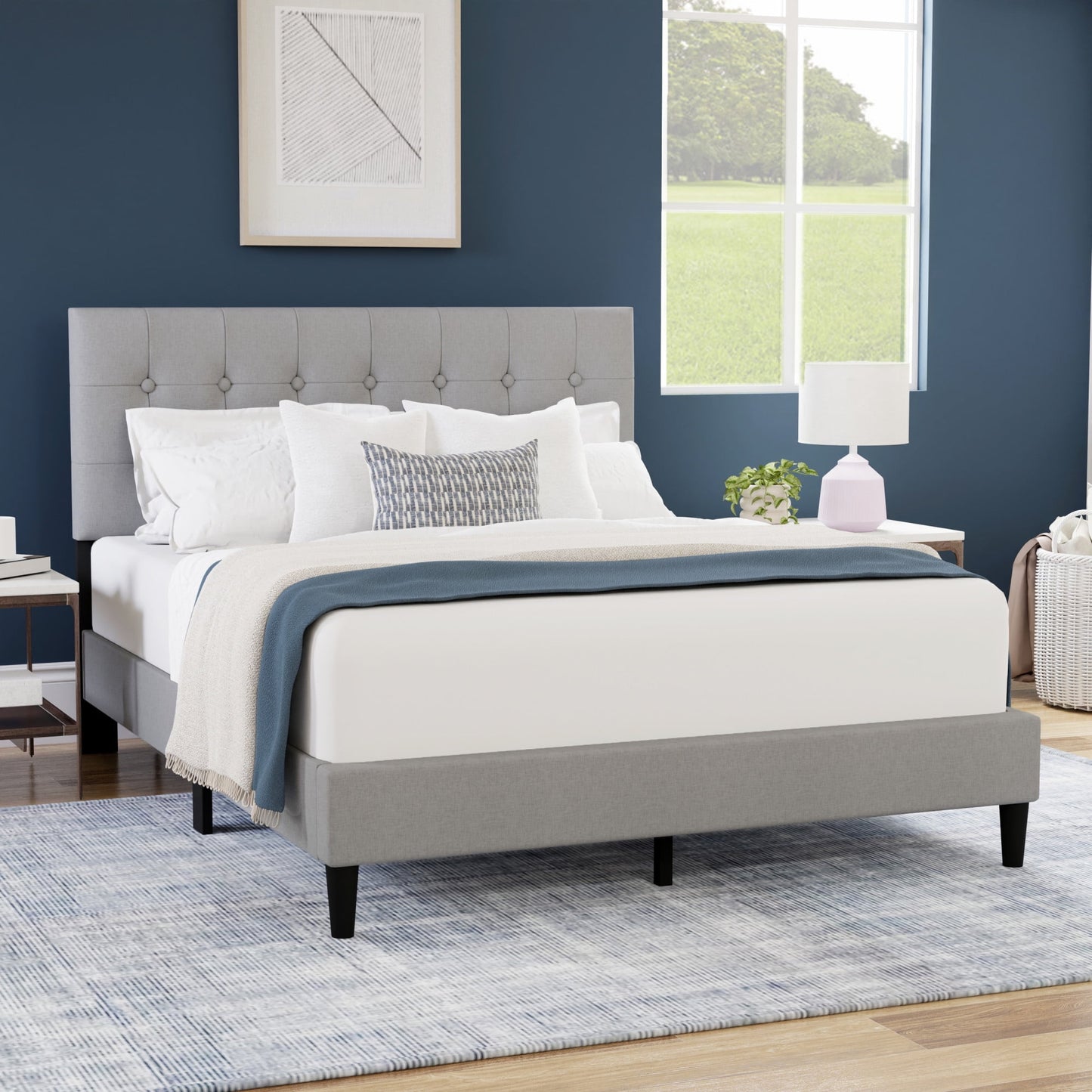 Hendrix Button Tufted Upholstered Full Platform Bed, Light Gray, by Hillsdale Living Essentials