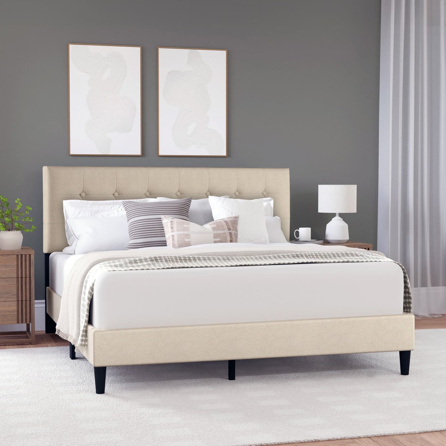 Hendrix Button Tufted Upholstered King Platform Bed, Beige, by Hillsdale Living Essentials