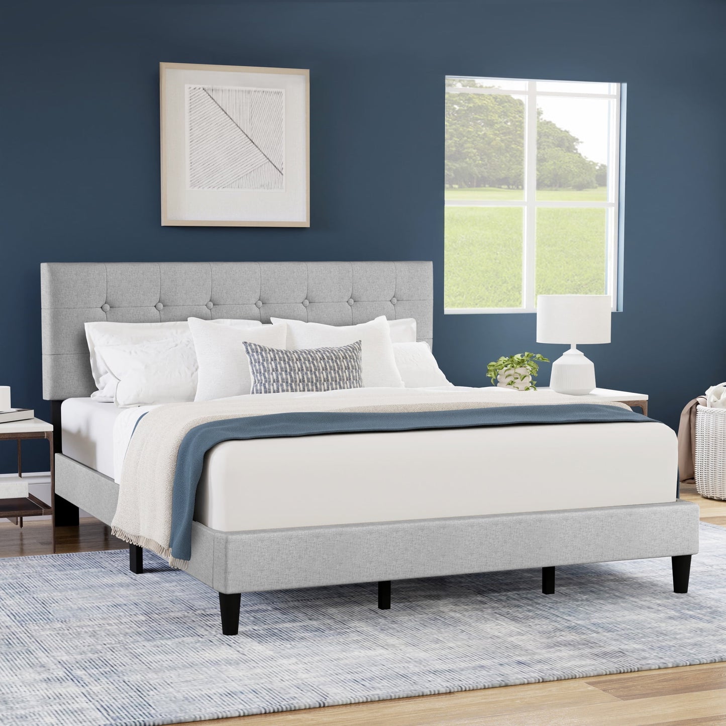 Hendrix Button Tufted Upholstered King Platform Bed, Light Gray, by Hillsdale Living Essentials
