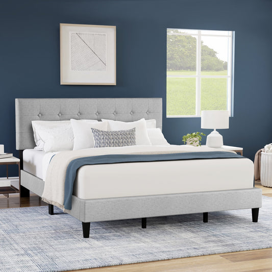 Hendrix Button Tufted Upholstered King Platform Bed, Light Gray, by Hillsdale Living Essentials