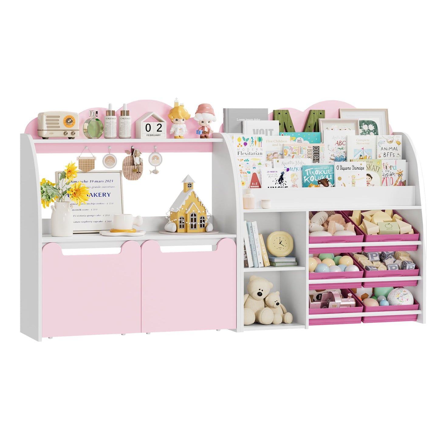 Hiphuta Kid's Toy Storage Organizer, Toddler Bookshelf with 6 Bins & 2 Removable Drawers, Book Rack Storage 3 Tiers, White Pink