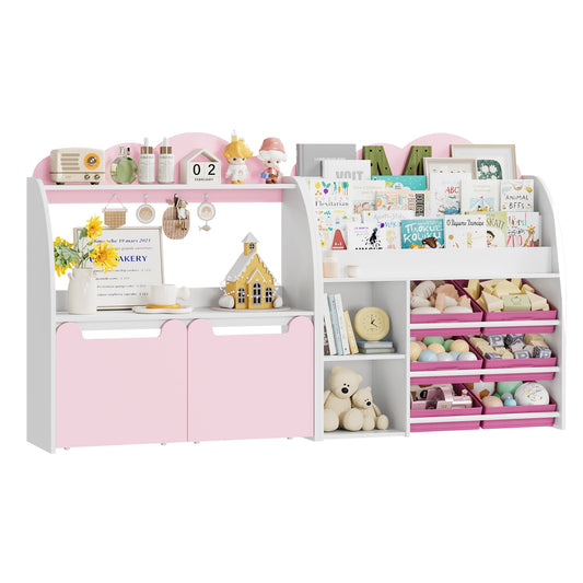 Hiphuta Kid's Toy Storage Organizer, Toddler Bookshelf with 6 Bins & 2 Removable Drawers, Book Rack Storage 3 Tiers, White Pink