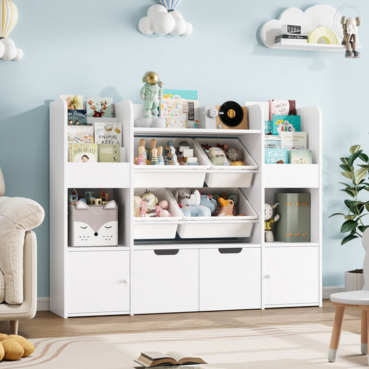 Hiphuta Kid's Toy Storage Organizer, Wood Toy Organizer of 4 Bins& 2 Removable Drawers, Children's Bookcase with Book Rack, White