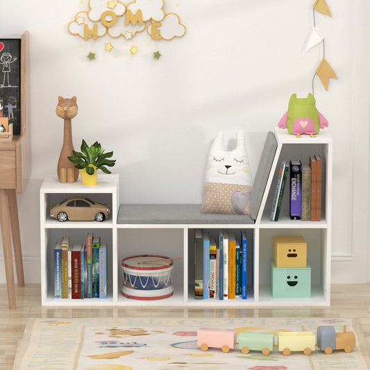 Hironpal 6 Cube Kids Bookshelf with Reading Nook, Toy Storage Organizer with Seat Cushion for Bedroom, White