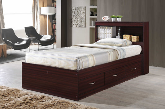 Hodedah Twin-Size Captain Bed with 3-Drawers and Headboard in Mahogany