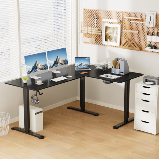Homall 63in Wide L-shaped Electric Sit-Stand Desk Lifting Range 28~46in Height Gear Memory Ergonomics Standing Desk Height Adjustable Computer Desk, Black