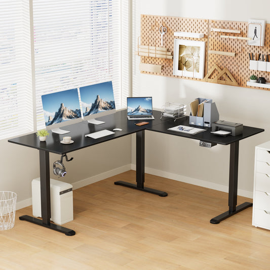 Homall 63in Wide L-shaped Electric Sit-Stand Desk Lifting Range 28~46in Height Gear Memory Ergonomics Standing Desk Height Adjustable Computer Desk, Black