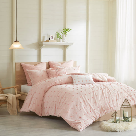 Home Essence Apartment Cotton Jacquard Pink 7-Piece Comforter Set, King/Cal King