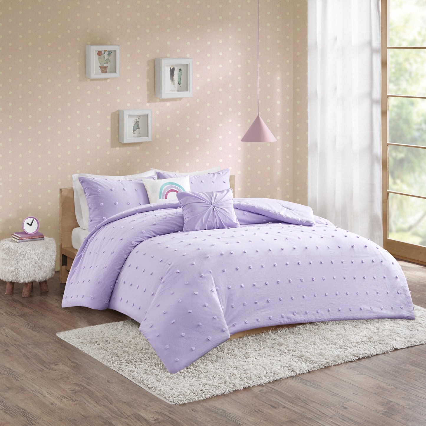 Home Essence Kelsey Cotton Jacquard Pom Pom Lavender 5 Piece Comforter Set, Full/Queen