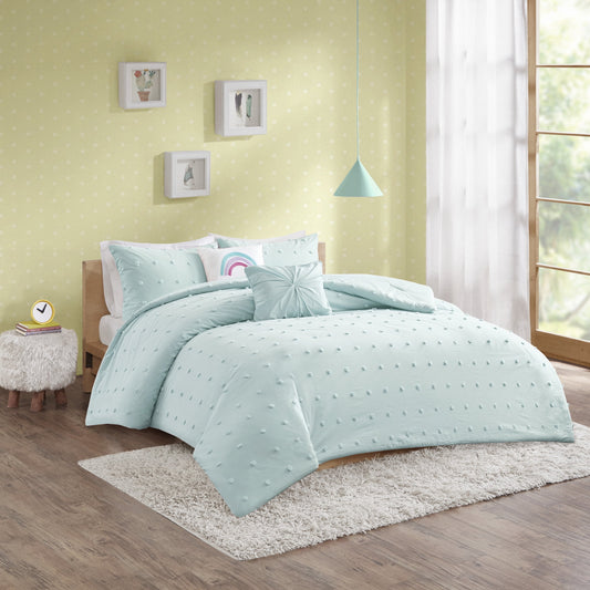 Home Essence Kids Kelsey Cotton Jacquard Pom Pom Comforter Set, Polyester Filled, Aqua, Full/Queen