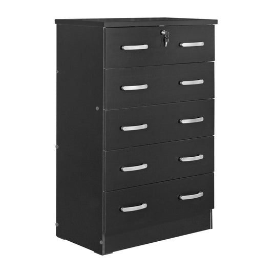 Home Furniture Cindy 5 Drawer Chest Wooden Dresser with Lock - Black
