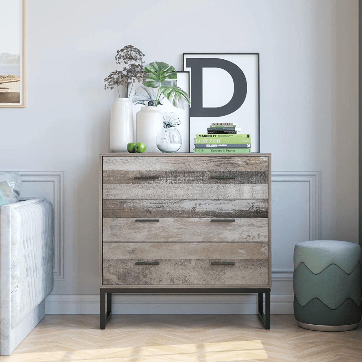 Homfa 31.5in Wide 3 Drawer Dresser, Wood Storage Cabinet Nightstand for Bedroom Living Room, Wash Gray