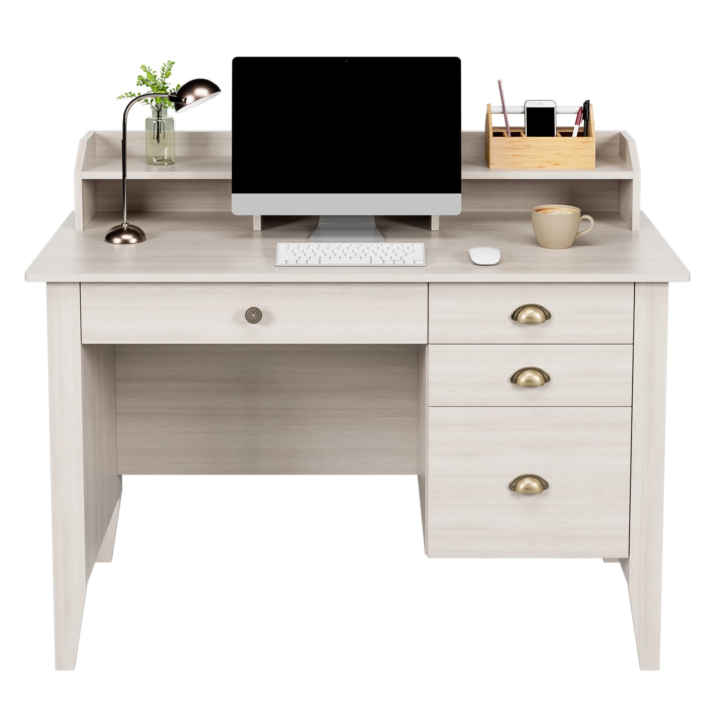 Homfa 47in Home Office Desk, Compact Wood Table, 4 Drawers and Hutch Shelf, Oak White