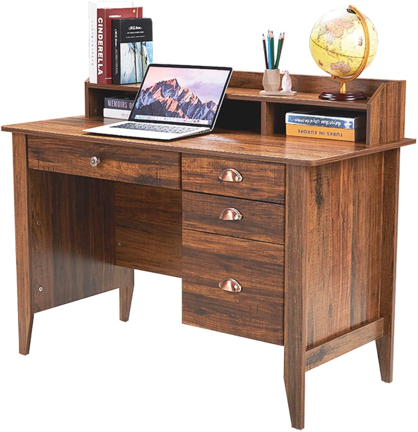 Homfa 47 in Computer Desk, Home Office Writing Table with 4 Drawers and Hutch Shelf, Sturdy Desk with Spacious Desktop, Rustic Brown