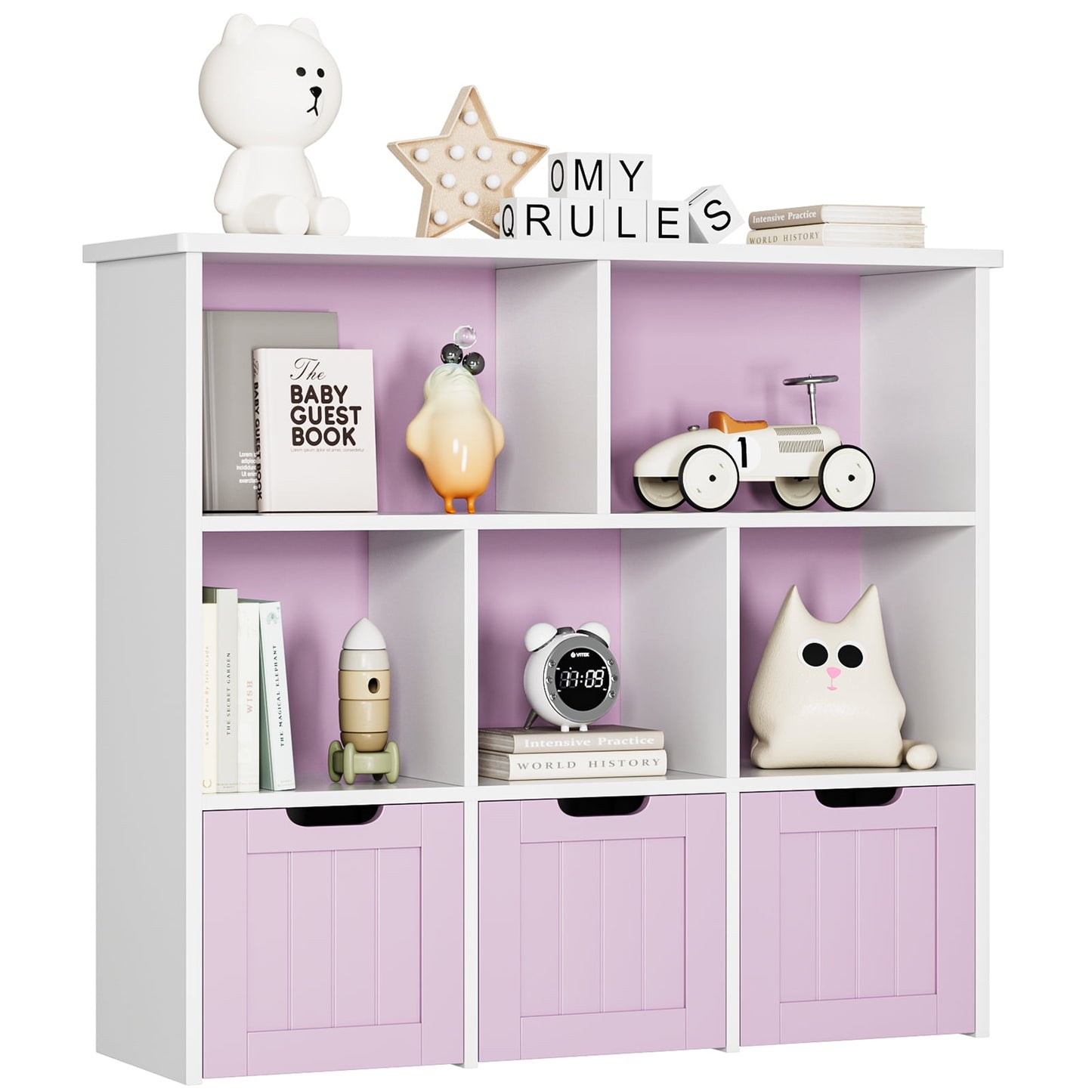 Homfa 5 Cube Toy Storage Organizer, Kids Geometric Bookcase with 3 Drawers, Pinkish Purple Finish