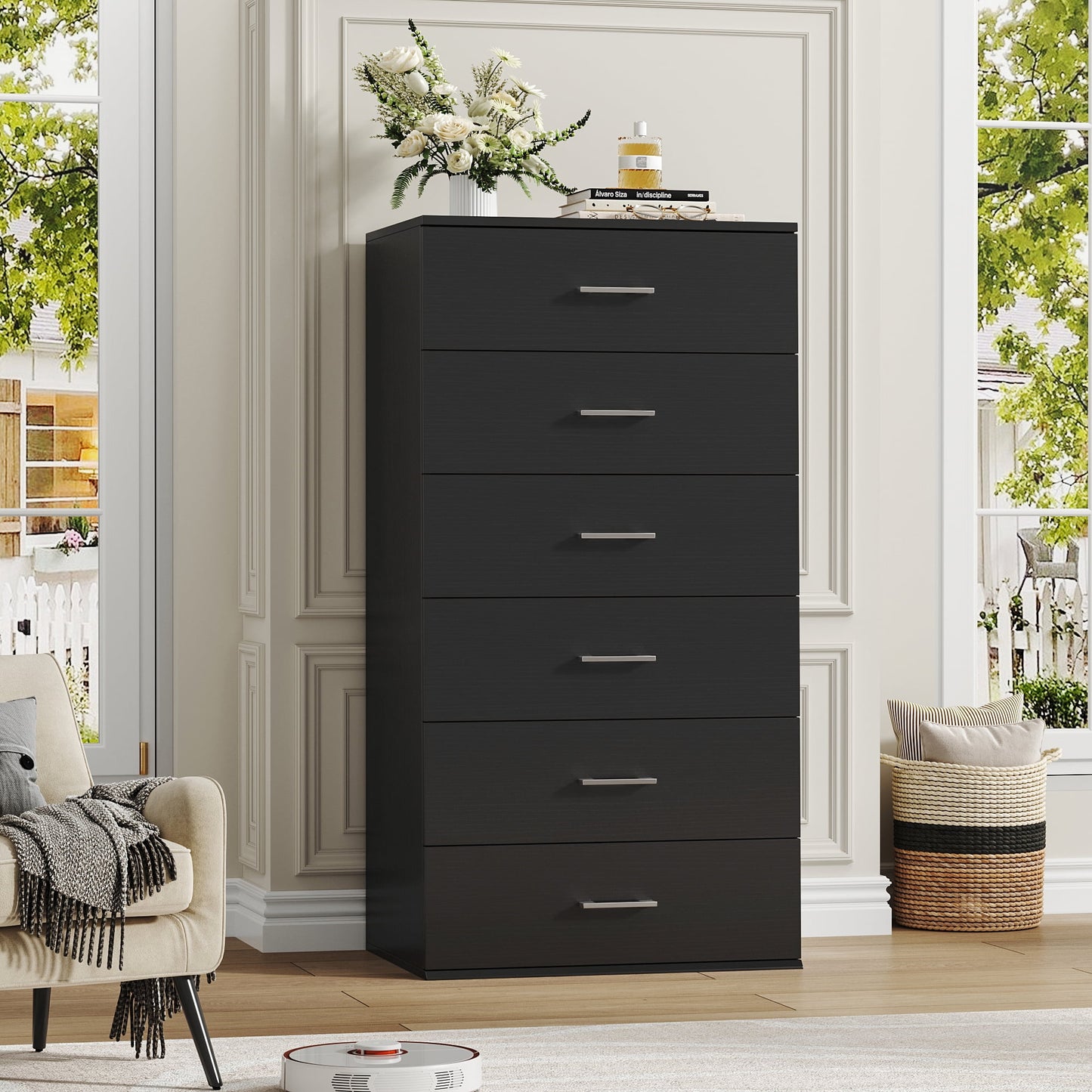 Homfa 6 Drawer Vertical Wood Dresser, Modern Tall Storage Cabinet for Bedroom and Living Room, Black