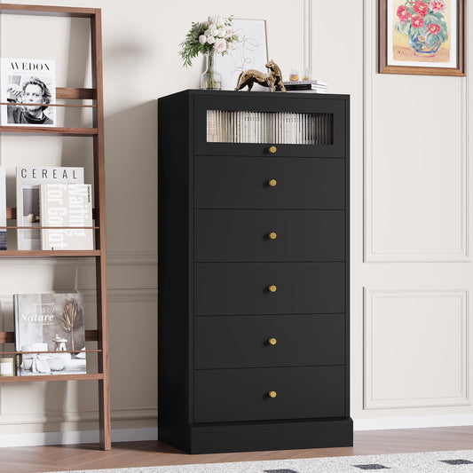 Homfa 6 Drawer Dresser, 51.4in Tall Chest of Drawers with Glass Doors, Wood Storage Cabinet for Bedroom Living Room, Black