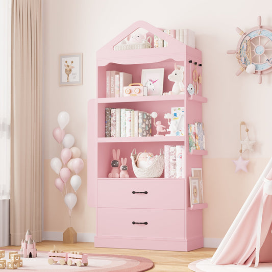 Homfa 71in Tall Kids Bookcase with 2 Drawers & 3-Tier Shelves, Wooden Triangular Top Bookshelf with Side Book Racks for Kids Room, Pink