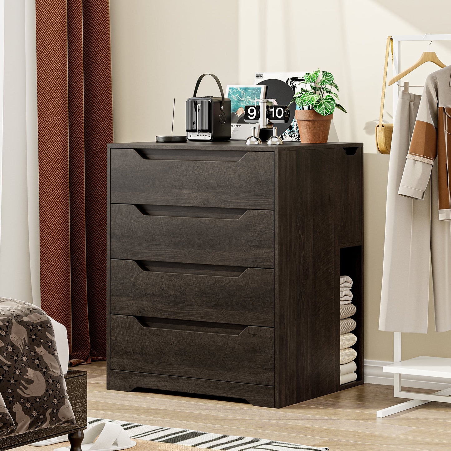 Homfa Dresser of 4 Drawers with Flip Top, Compact Nightstand Dresser Chest with Side Storage for Bedroom Living Room, Dark Brown