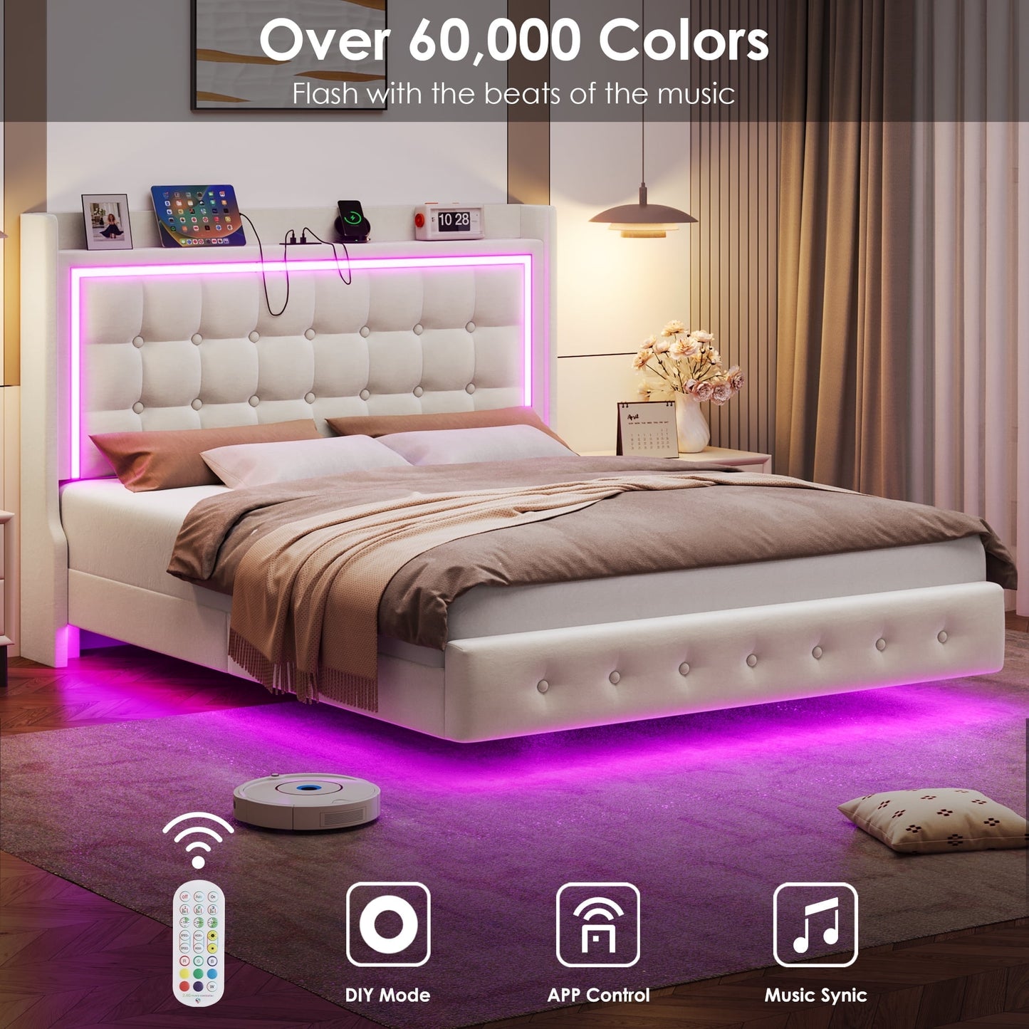 Homfa Full Size Floating Bed with RGB LED Lights & Charging Station, Velvet Upholstered Platform Bed with Storage Headboard, White