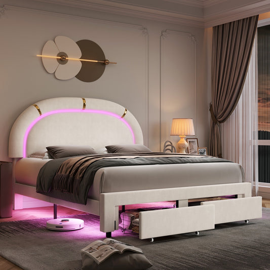 Homfa Full Kids LED Bed Frame, Modern Velvet Tufted Upholstered Platform Bed with 2 Storage Drawer for Bedroom, Beige