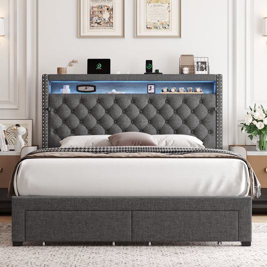 Homfa Full Size LED Bed Frame with Outlets and USB Ports, Modern Storage Platform Bed with Fabric Button Tufted Upholstered Headboard, Gray
