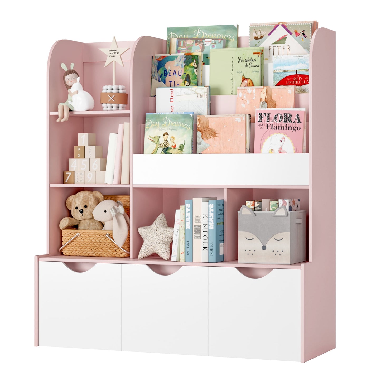 Homfa Kid's Large Bookshelf with 3 Movable Drawers, 5-Cube Bookcase with 4-Tier Display Stand, Toy Storage Organizer for Bedroom Playroom, White Pink