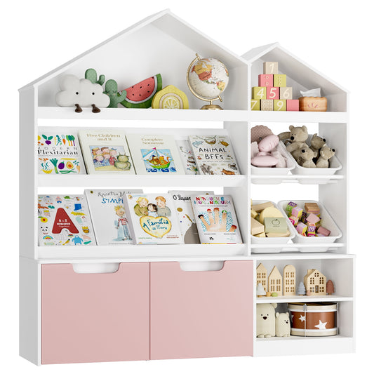Homfa Kids Bookcase with 6 Shelves and 2 Removable Drawers for Kids Room, 4 Bins Child Toy Storage Organizer with Roof-shaped Top for Playroom Nursery School, White & Pink