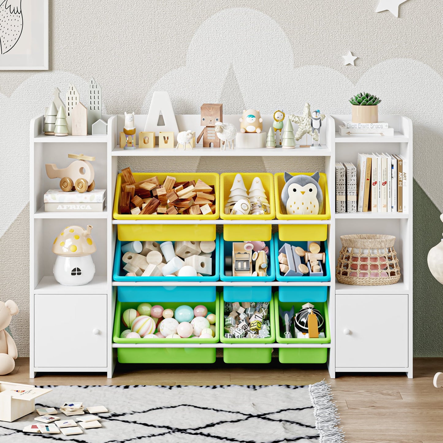 Homfa Kids Bookcase with 9 Bins, White Toy Cubby Storage Organizer Bookshelf with 2 Door for Kids Room Playroom Organization
