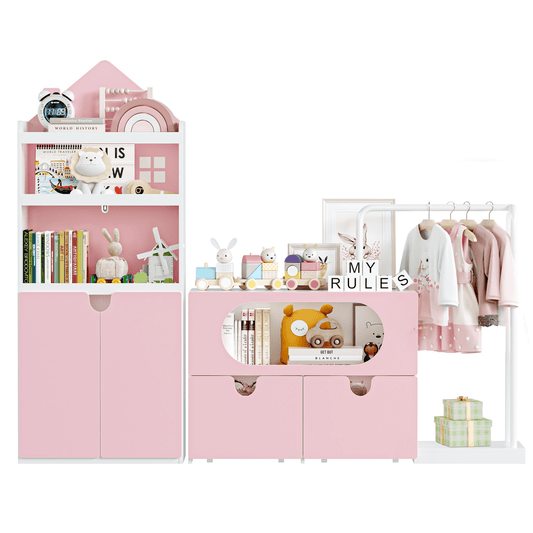 Homfa Kids Pink Bookshelf and Toys Organizer with Drawers, Combi Toy Storage with Clothes Rail for Kids Room