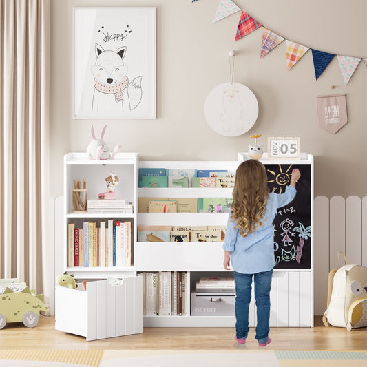 Homfa Kids Bookshelf with Blackboard, Nursery Bookcase with Cubby and Toy Bin for Kids Room, White