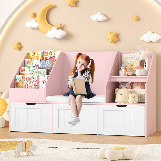 Homfa Kids Bookshelf with Reading Nook & 3 Movable Drawers, 2 Cube Bookcase with 4-Tier Book Racks, Toy Storage Organizer for Playroom Bedroom, Pink